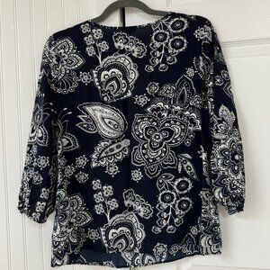 Talbots Blue & White Paisley Blouse - 3/4 Sleeves - Size Small